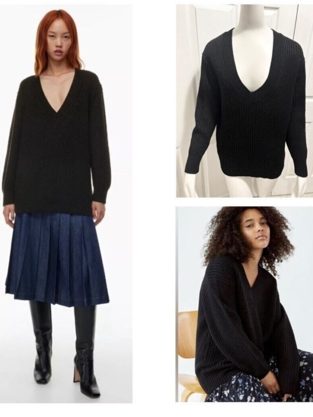 Aritzia Babaton Roger V-Neck Merino Wool Sweater Black Oversized Size XS